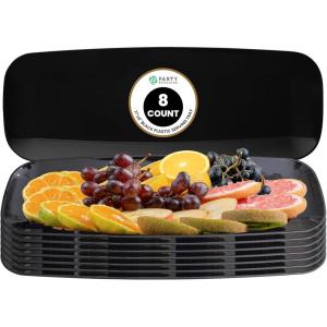 Party Bargains 17×5 Inch Plastic Serving Tray, Black Rectangular Platter, 8 Pack