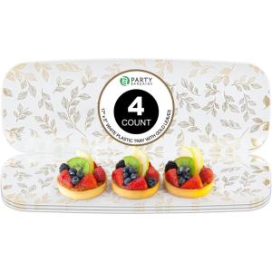 Party Bargains 17×5 Inch Plastic Serving Tray, White with Leaves Rectangular Platter, 4 Pack
