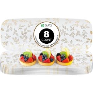 Party Bargains 17×5 Inch Plastic Serving Tray, White with Leaves Rectangular Platter, 8 Pack