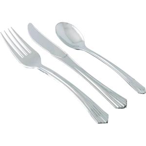 Party Bargains 1855 Upscale Collection, Heavyweight Polished Silver Plastic Cutlery (160 Pc), 80 Forks, Knives, Spoons, Party of 40 Combo Pack, 7 inch
