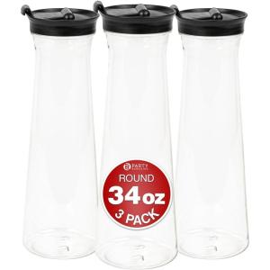 Party Bargains 34 Oz. Water Carafe with Black Flip Tab Lid, Round Base, 3 Pack