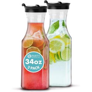 Party Bargains 34 oz. Water Carafe with Black Flip Tab Lid, Square Base, 2 Pack
