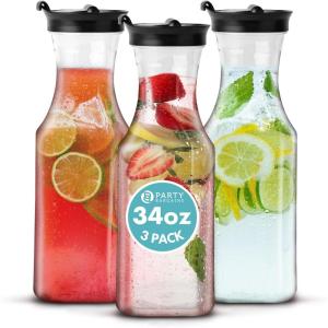 Party Bargains 34 oz. Water Carafe with Black Flip Tab Lid, Square Base, 3 Pack