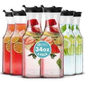 Party Bargains 34 oz. Water Carafe with Black Flip Tab Lid, Square Base, 6 Pack