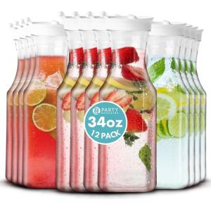 Party Bargains 34 oz. Water Carafe with White Flip Tab Lid, Square Base, 12 Pack