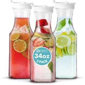 Party Bargains 34 oz. Water Carafe with White Flip Tab Lid, Square Base, 3 Pack