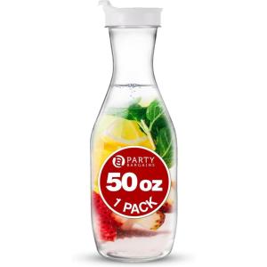 Party Bargains 50 oz. Plastic Carafe with Lids – Clear, 1 Count, White Flip Tab Lid Premium Quality & Heavy Duty Plastic Pitcher for Iced Tea, Powdered Juice, Cold Brew, Mimosa Bar