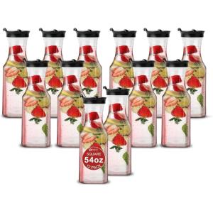 Party Bargains 54 Oz Square Base Carafe with Black Flip Tab Lids, 12 Pack