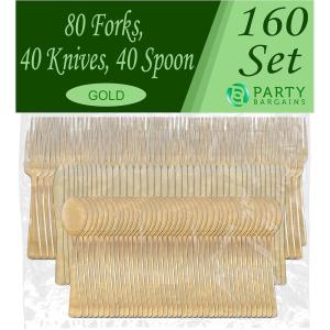 Party Bargains Disposable Plastic Gold Cutlery Set | Durable & Elegant Stylish Polished Gold Cutlery | 80 Forks, 40 Knives, 40 Spoons, Party of 40