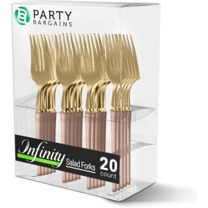 Party Bargains Disposable Plastic Pink Gold Salad Forks, Infinity Modern Design Utensils, 20 Pack