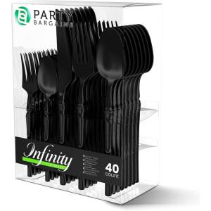 Party Bargains Disposable Plastic Silver Cutlery Set, Infinity Modern Design Utensils, 40 Pack: 16 Forks, 8 Knives, 16 Spoons(Black)