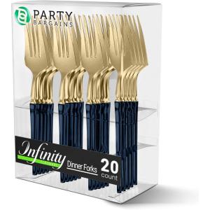 Party Bargains Disposable Plastic Silver Cutlery Set, Infinity Modern Design Utensils, 40 Pack: 16 Forks, 8 Knives, 16 Spoons(Navy Gold)