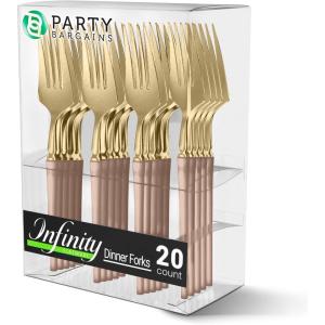Party Bargains Disposable Plastic Silver Cutlery Set, Infinity Modern Design Utensils, 40 Pack: 16 Forks, 8 Knives, 16 Spoons(Pink Gold)