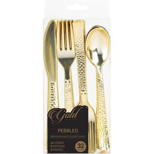 Party Bargains Disposable Silverware Spoons with Pebbled Design, 64 Count, Silver, Heavy Duty Plastic Flatware Cutlery Utensils, Excellent for Weddings, Parties, Buffet, Catering(Gold Combo)