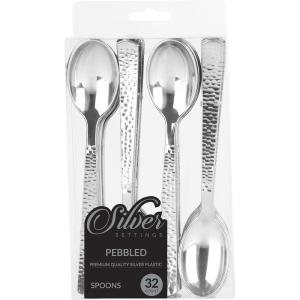 Party Bargains Disposable Silverware Spoons with Pebbled Design, 64 Count, Silver, Heavy Duty Plastic Flatware Cutlery Utensils, Excellent for Weddings, Parties, Buffet, Catering(Silver Spoons)
