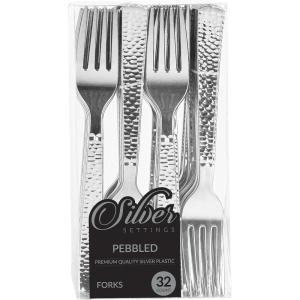 Party Bargains Disposable Silverware Spoons with Pebbled Design, 64 Count, Silver, Heavy Duty Plastic Flatware Cutlery Utensils, Excellent for Weddings, Parties, Buffet, Catering(Silver Forks)