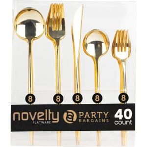 Party Bargains Plastic Silverware Set, 40 Pc, Novelty Design, Gold, 16 Forks, 8 Knives, 16 Spoons, Disposable Cutlery, Modern Flatware Utensils, Place Settings, Dinner, Dessert, Entrees