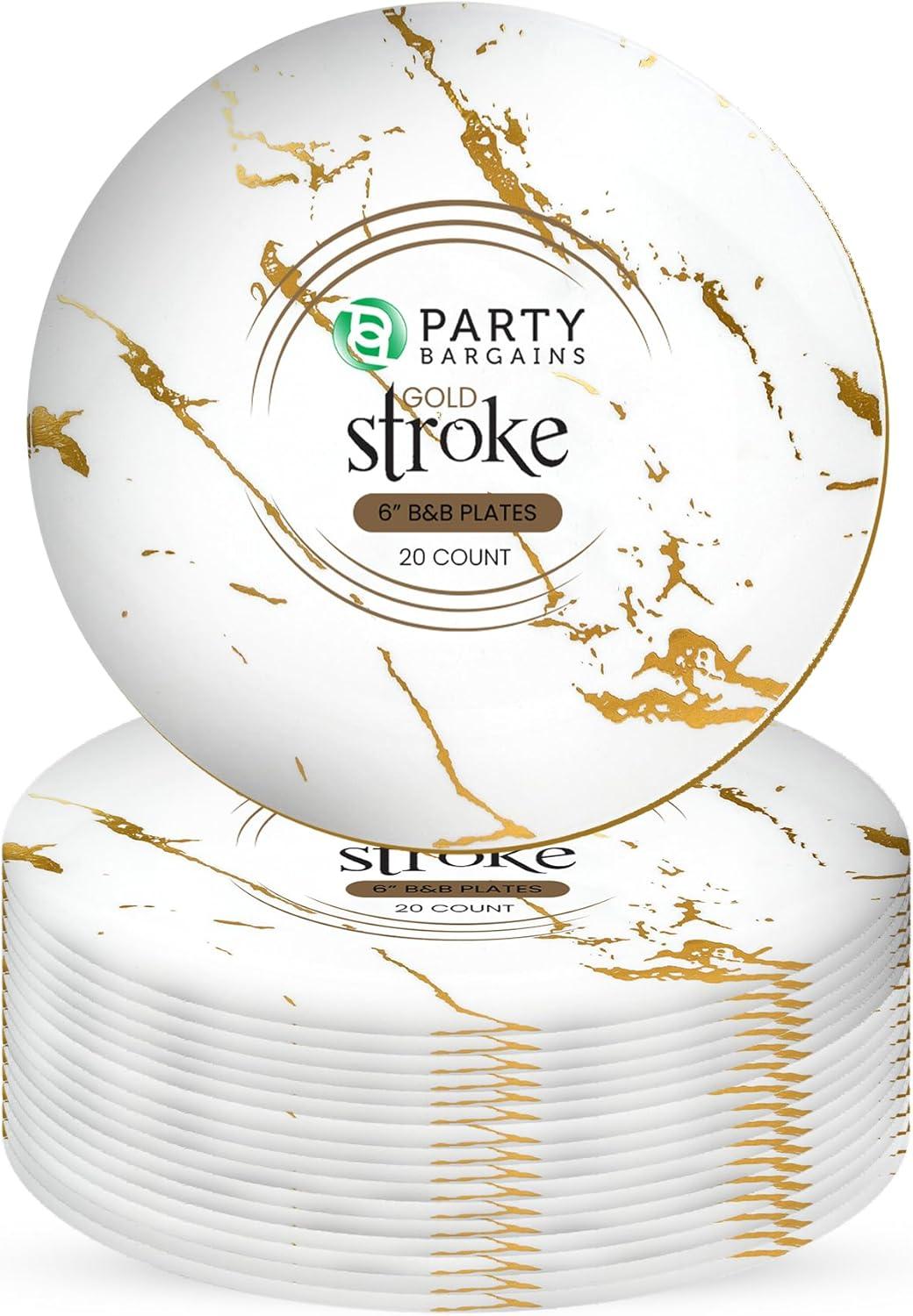 imagePARTY BARGAINS 6 Gold Stroke Collection Disposable Lunch Plates 20 Pack White Plastic Table Setting Plates Excellent Dinnerware for Banquet Formal Events