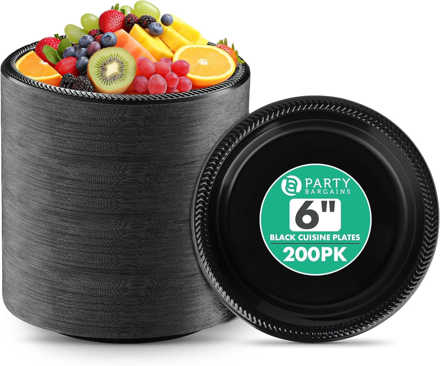 imagePARTY BARGAINS 6 Inch Disposable Black Plastic Plates 200 Pack Microwave Safe DinnerwareBlack