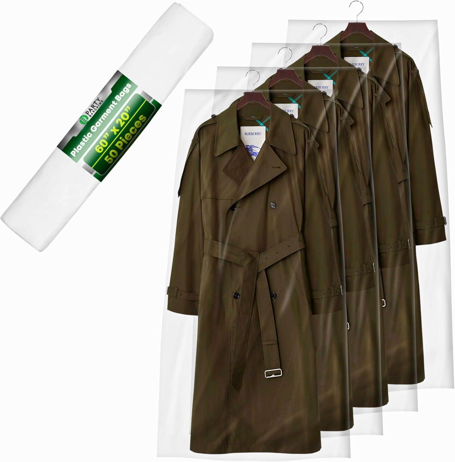 imagePARTY BARGAINS 60 x 20 Inch Disposable Clear Garment Bags 50 Pack HeavyDuty Plastic Clothes Covers for Suits Dresses Coats Closet amp Travel60 x 20 IN