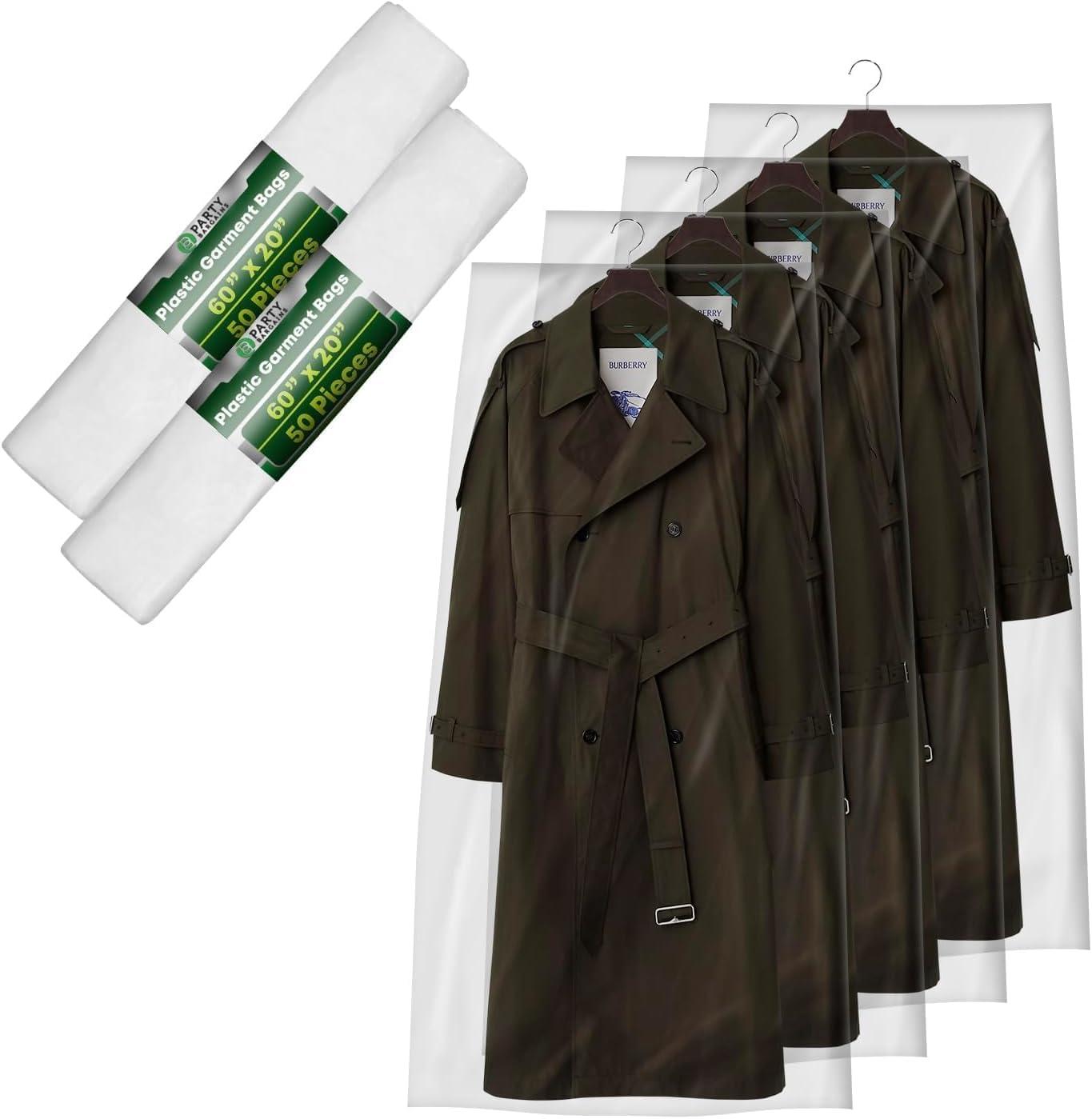 imagePARTY BARGAINS 60 x 20 Inch Disposable Clear Garment Bags 50 Pack HeavyDuty Plastic Clothes Covers for Suits Dresses Coats Closet amp Travel60 x 20 IN