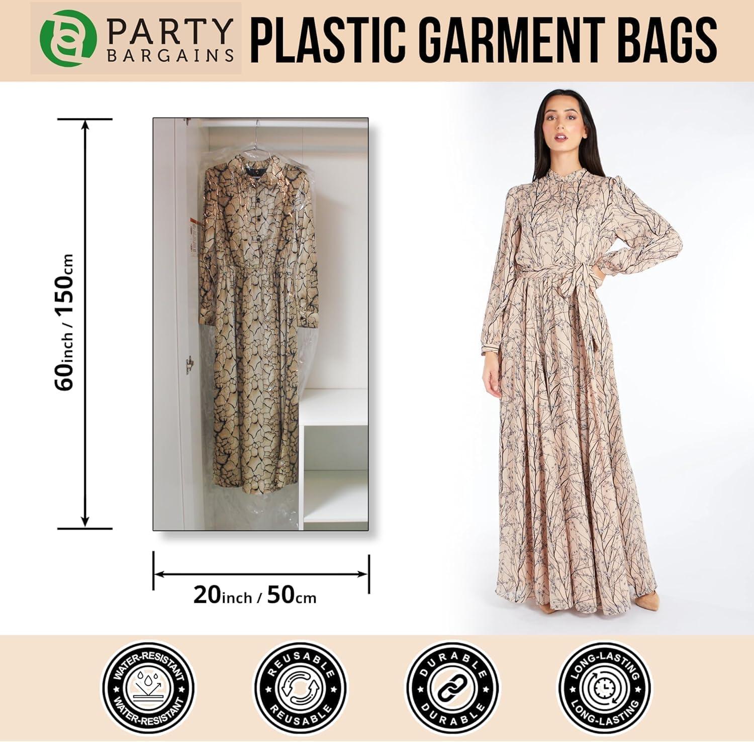 imagePARTY BARGAINS 60 x 20 Inch Disposable Clear Garment Bags 50 Pack HeavyDuty Plastic Clothes Covers for Suits Dresses Coats Closet amp Travel60 x 20 IN