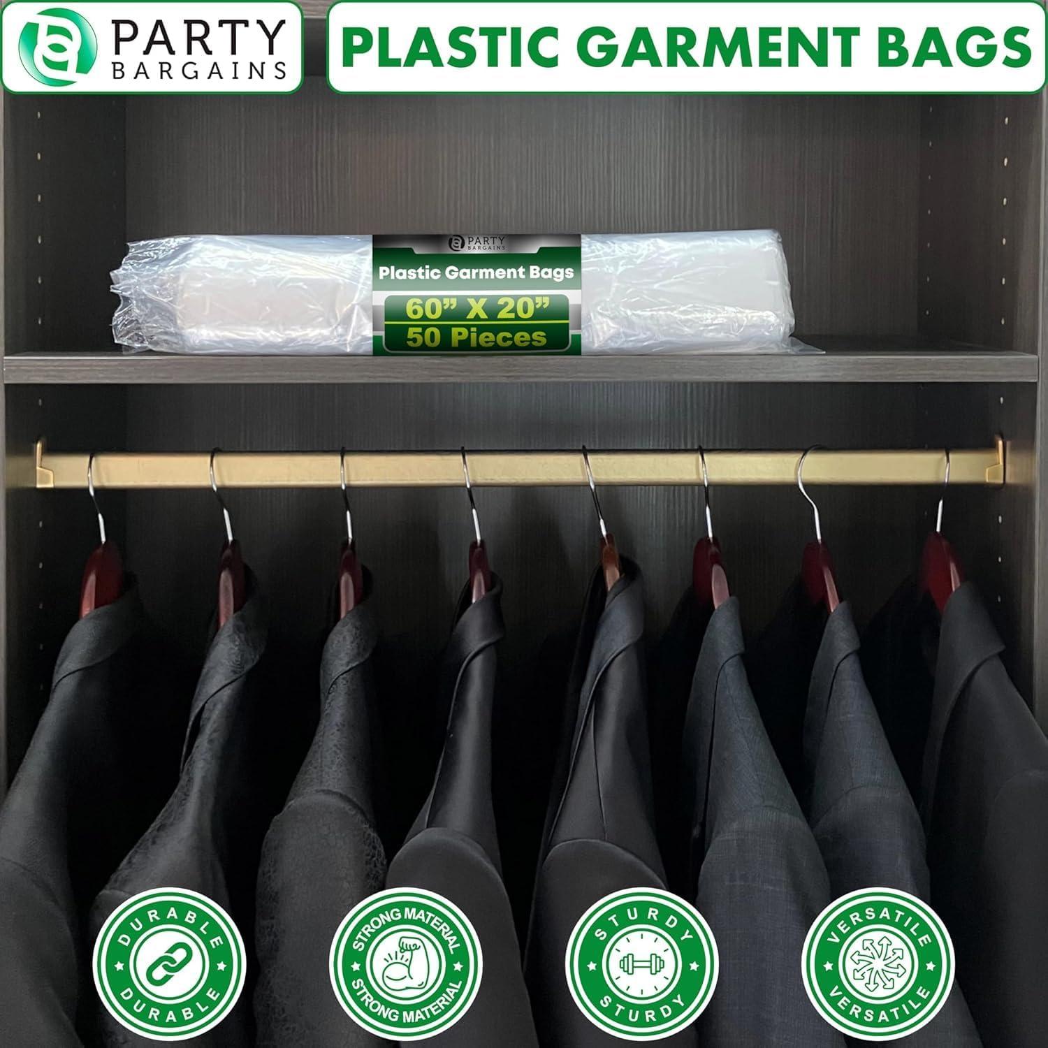 imagePARTY BARGAINS 60 x 20 Inch Disposable Clear Garment Bags 50 Pack HeavyDuty Plastic Clothes Covers for Suits Dresses Coats Closet amp Travel60 x 20 IN