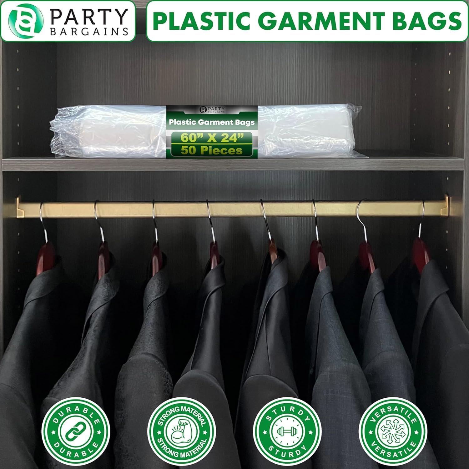 imagePARTY BARGAINS 60 x 20 Inch Disposable Clear Garment Bags 50 Pack HeavyDuty Plastic Clothes Covers for Suits Dresses Coats Closet amp Travel60 x 24 IN