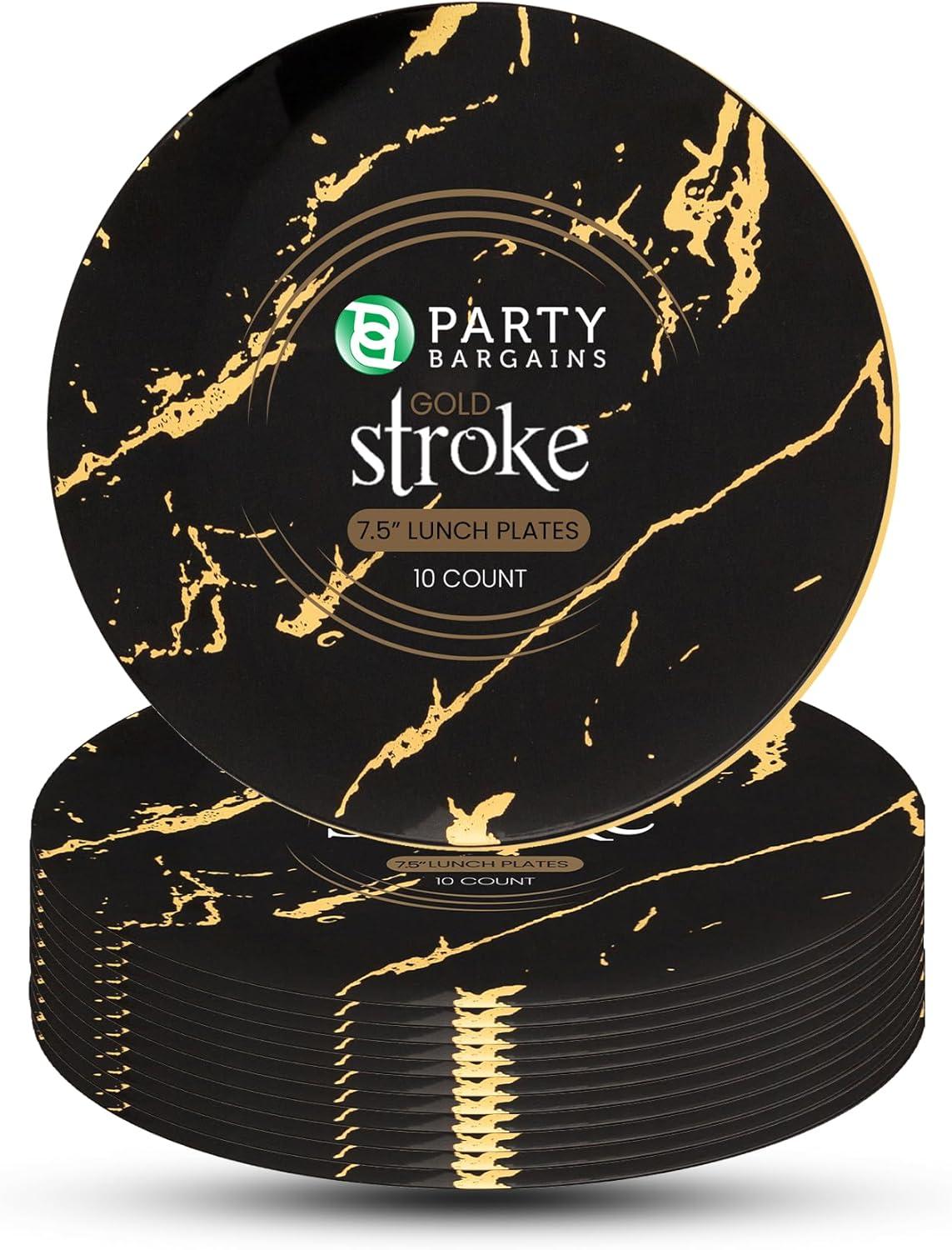 imagePARTY BARGAINS 75 Gold Stroke Collection Disposable Lunch Plates 10 Pack Black Plastic Table Setting Plates Excellent Dinnerware for Banquet Formal Events