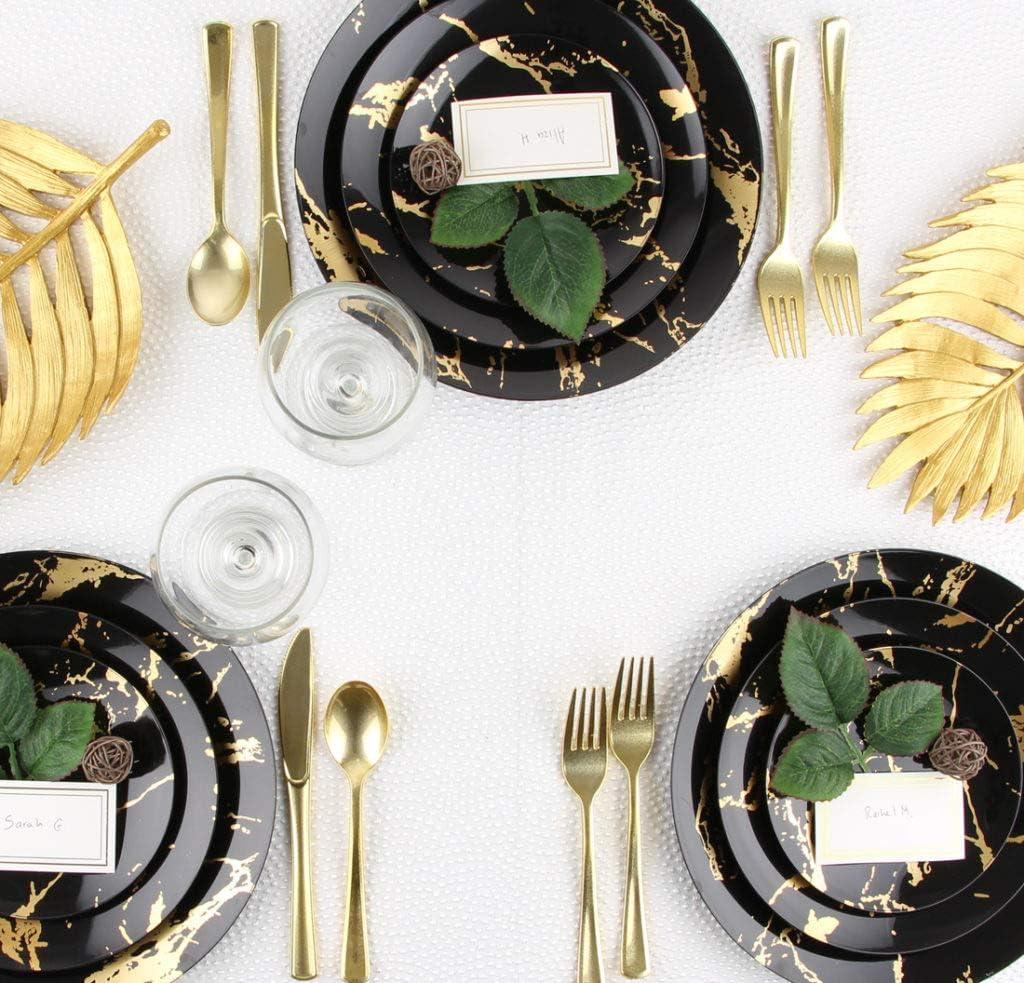 imagePARTY BARGAINS 75 Gold Stroke Collection Disposable Lunch Plates 20 Pack Black Plastic Table Setting Plates Excellent Dinnerware for Banquet Formal Events