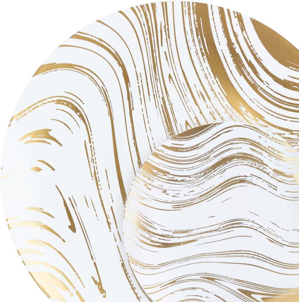 imagePARTY BARGAINS 75 amp 10 Curve Collection Disposable Dinner Plates Combo 32 Pack Heavy Duty White Gold Curve Elegant Tableware Dish Plates for Banquets Catering and Formal Events