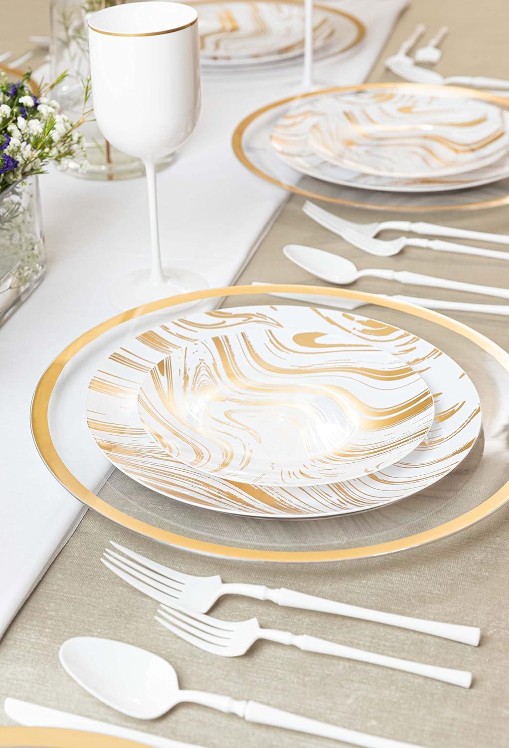 imagePARTY BARGAINS 75 amp 10 Curve Collection Disposable Dinner Plates Combo 32 Pack Heavy Duty White Gold Curve Elegant Tableware Dish Plates for Banquets Catering and Formal Events