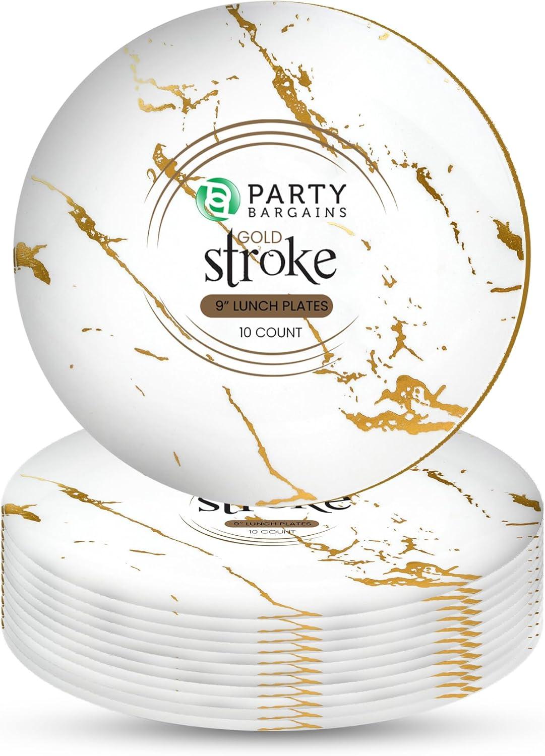 imagePARTY BARGAINS 9 Gold Stroke Collection Disposable Lunch Plates 10 Pack White Plastic Table Setting Plates Excellent Dinnerware for Banquet Formal Events