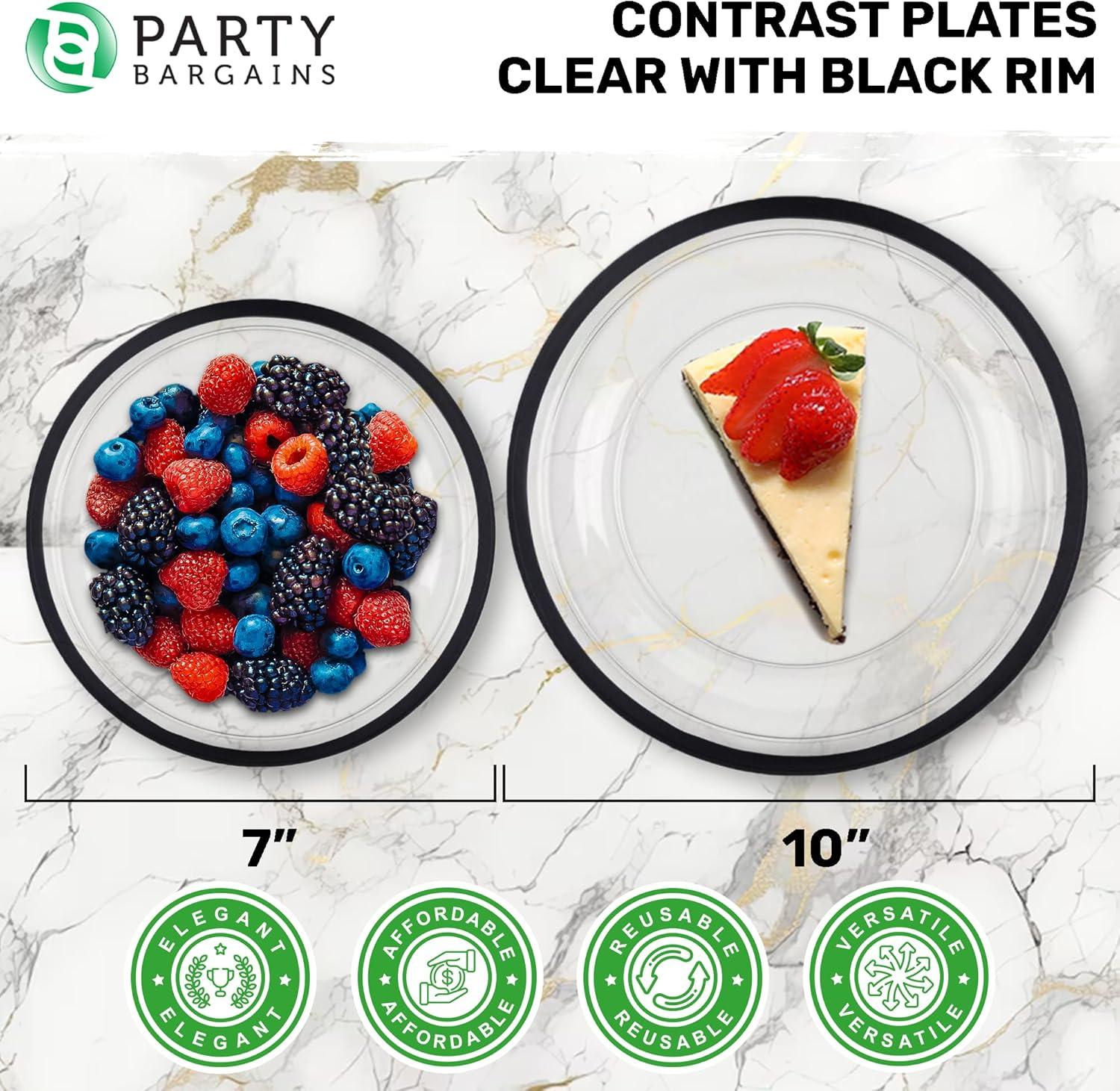 imagePARTY BARGAINS Disposable Plastic Plates Contrast Collection Clear with Gold Rim 64 Plates 7in Appetizer amp 10in Dinner Plates 32 Each Elegant Party Plates for Events and CateringClear Black Rim