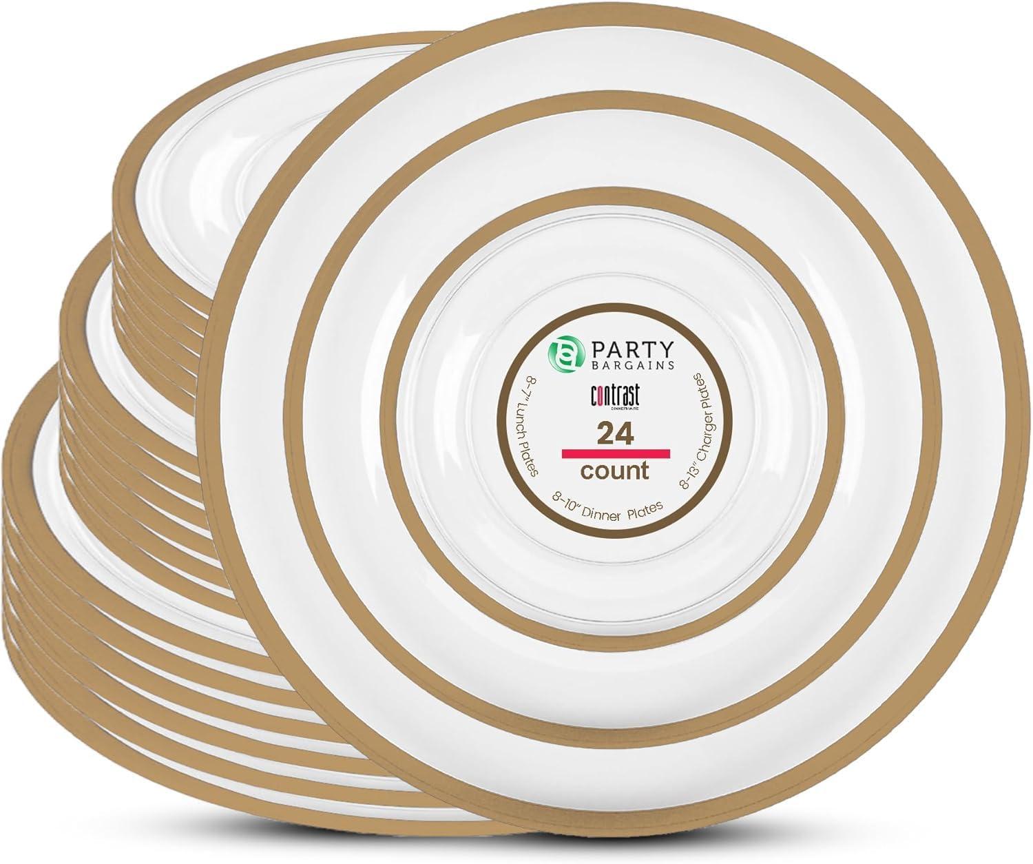 imagePARTY BARGAINS Disposable Plastic Plates Contrast Collection Clear with Gold Rim 64 Plates 7in Appetizer amp 10in Dinner Plates 32 Each Elegant Party Plates for Events and CateringClear Gold Rim