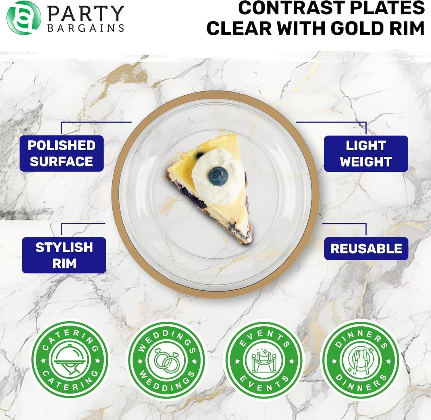 imagePARTY BARGAINS Disposable Plastic Plates Contrast Collection Clear with Gold Rim 64 Plates 7in Appetizer amp 10in Dinner Plates 32 Each Elegant Party Plates for Events and CateringClear Gold Rim