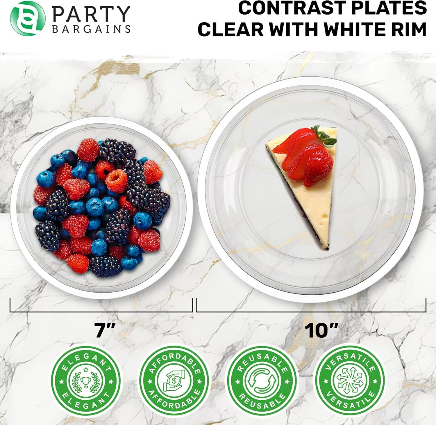imagePARTY BARGAINS Disposable Plastic Plates Contrast Collection Clear with Gold Rim 64 Plates 7in Appetizer amp 10in Dinner Plates 32 Each Elegant Party Plates for Events and CateringClear White Rim