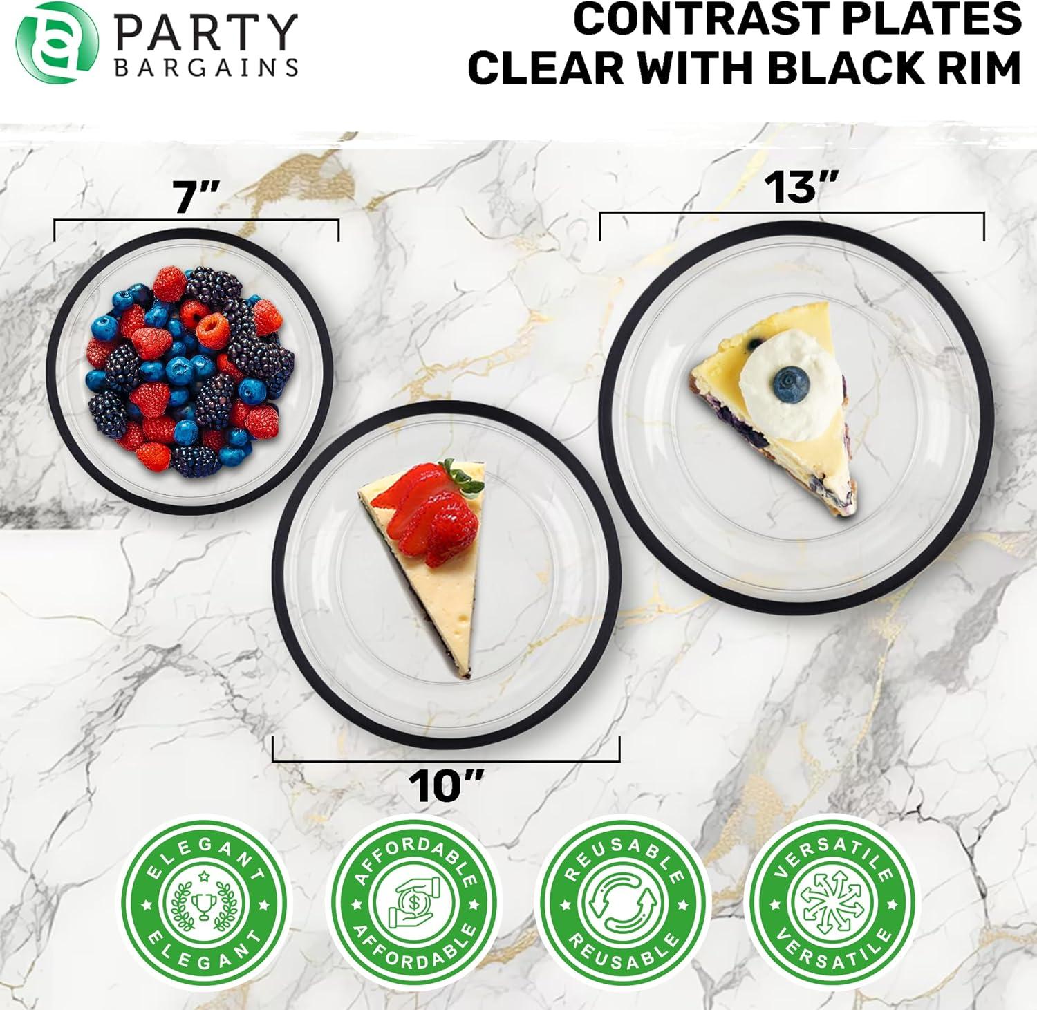 imagePARTY BARGAINS Disposable Plastic Plates Contrast Collection Clear with Gold Rim 64 Plates 7in Appetizer amp 10in Dinner Plates 32 Each Elegant Party Plates for Events and CateringClear Black Rim