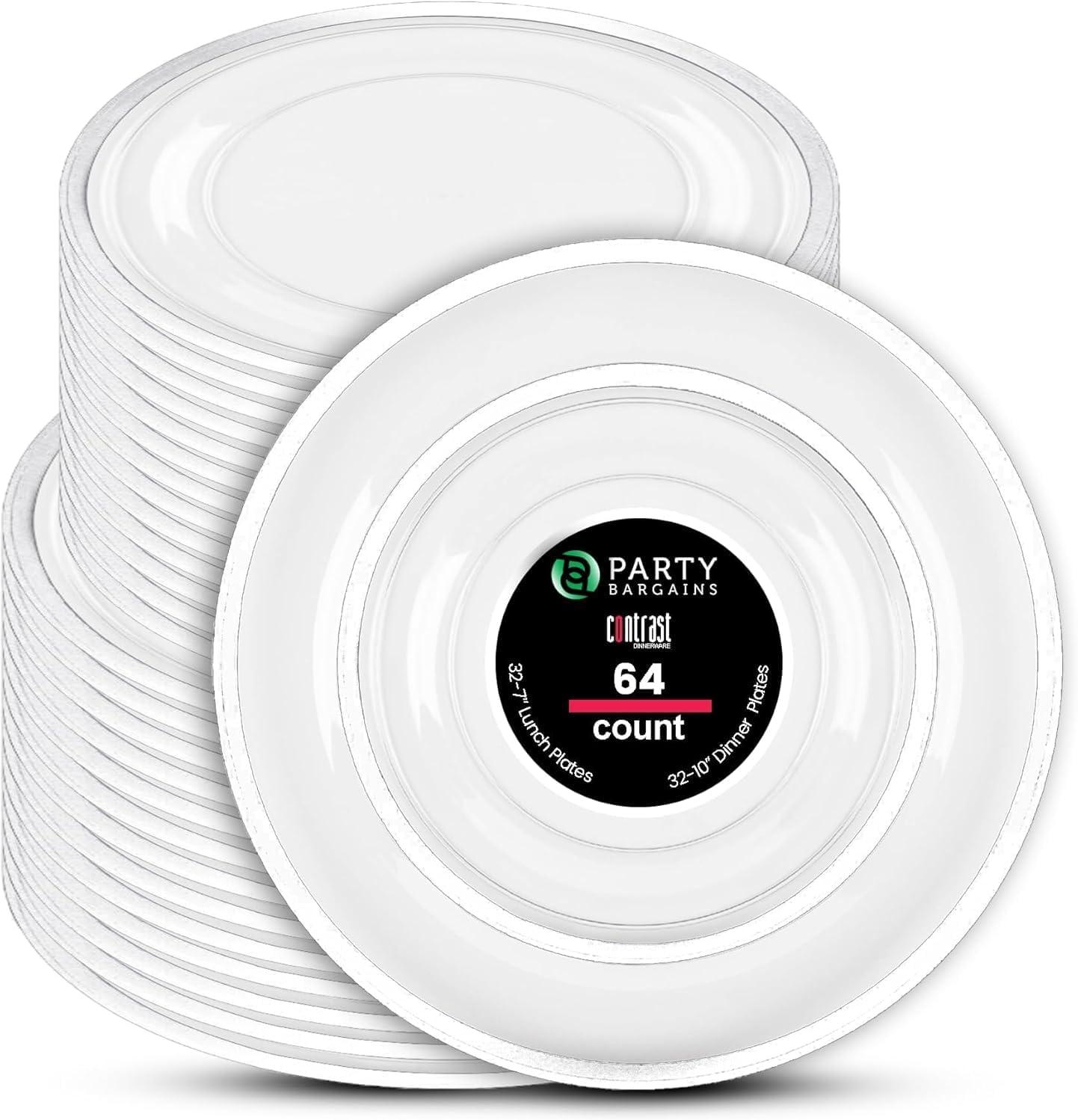 imagePARTY BARGAINS Disposable Plastic Plates Contrast Collection Clear with Gold Rim 64 Plates 7in Appetizer amp 10in Dinner Plates 32 Each Elegant Party Plates for Events and CateringClear White Rim
