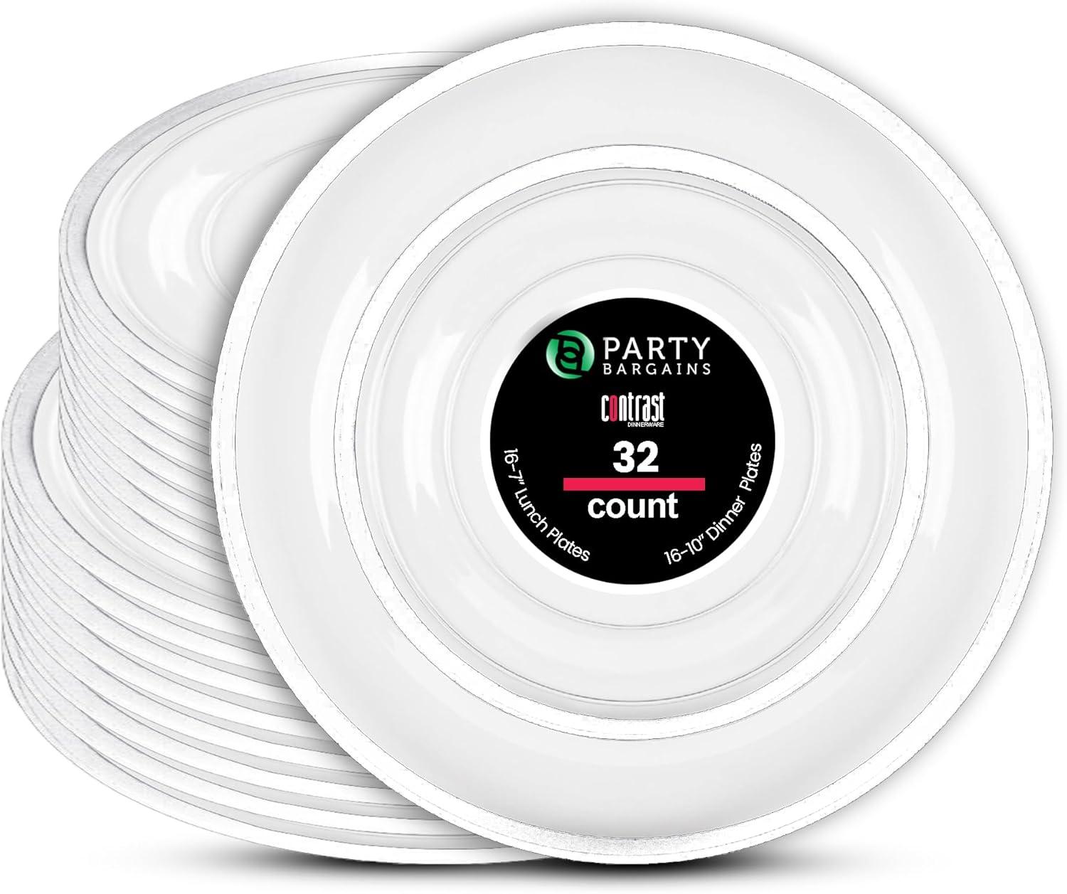 imagePARTY BARGAINS Disposable Plastic Plates Contrast Collection Clear with Gold Rim 64 Plates 7in Appetizer amp 10in Dinner Plates 32 Each Elegant Party Plates for Events and CateringClear White Rim