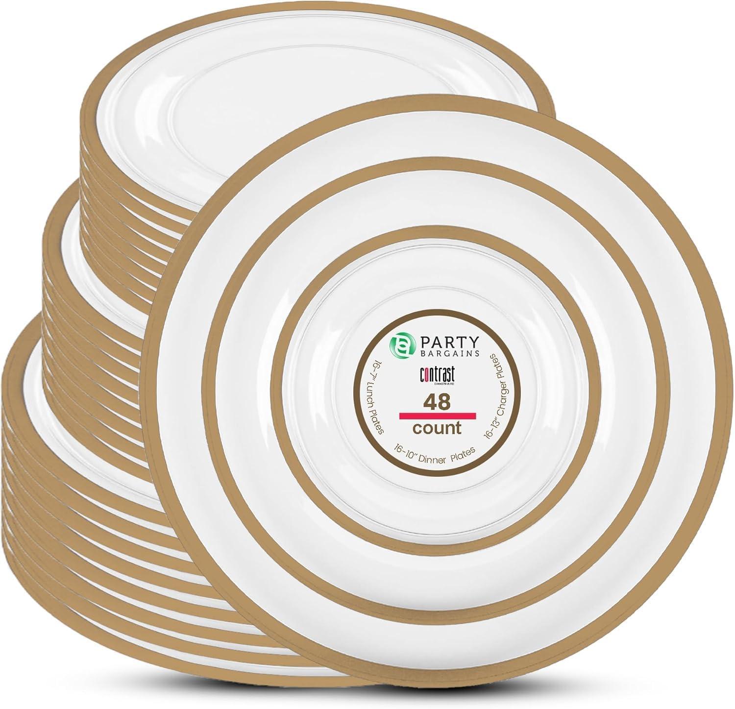 imagePARTY BARGAINS Disposable Plastic Plates Contrast Collection Clear with Gold Rim 64 Plates 7in Appetizer amp 10in Dinner Plates 32 Each Elegant Party Plates for Events and CateringClear Gold Rim