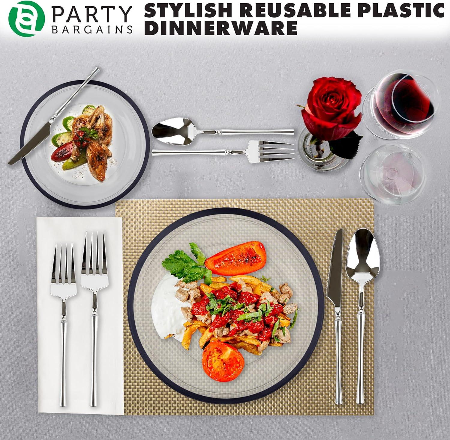 imagePARTY BARGAINS Disposable Plastic Plates Contrast Collection Clear with Gold Rim 64 Plates 7in Appetizer amp 10in Dinner Plates 32 Each Elegant Party Plates for Events and CateringClear Black Rim