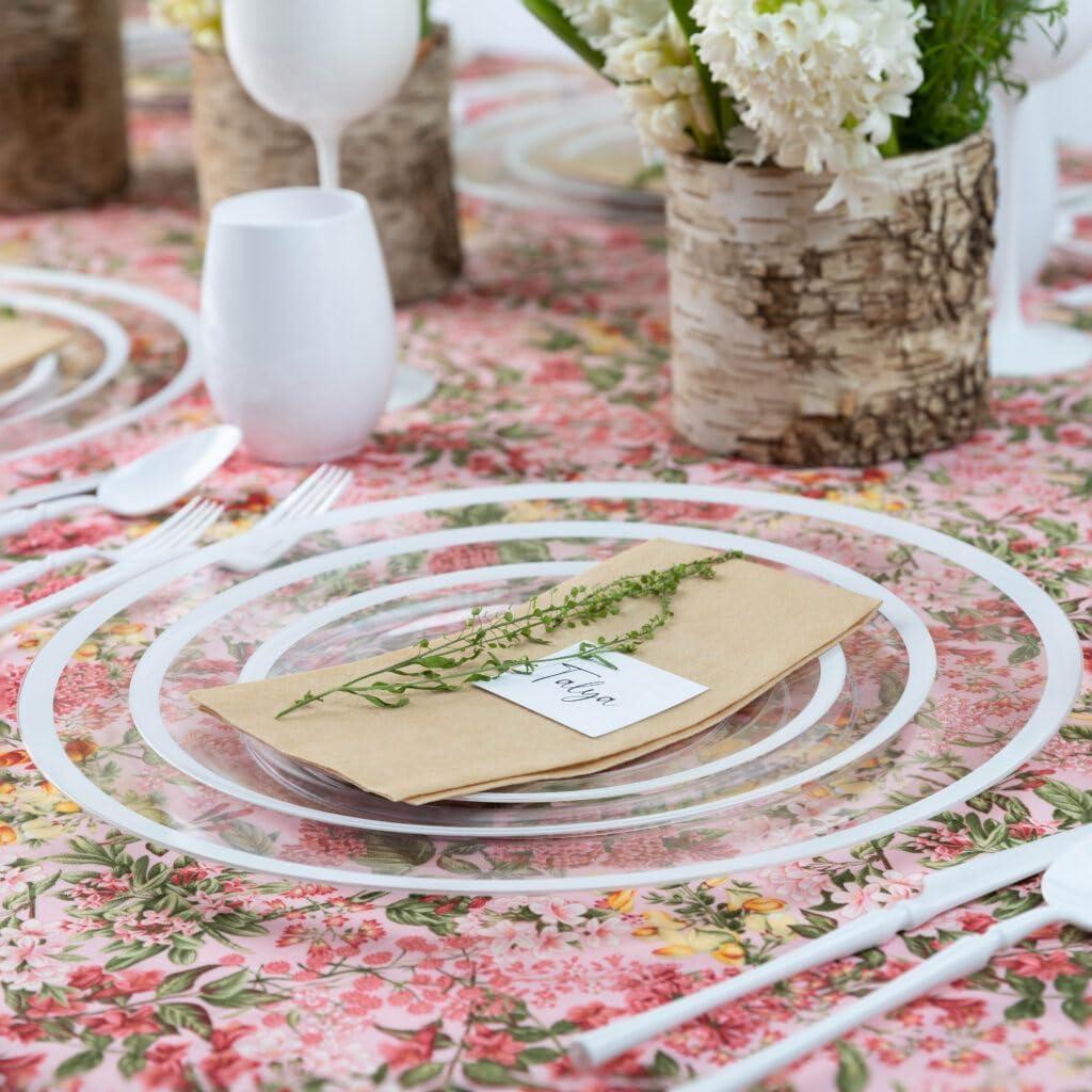 imagePARTY BARGAINS Disposable Plastic Plates Contrast Collection Clear with Gold Rim 64 Plates 7in Appetizer amp 10in Dinner Plates 32 Each Elegant Party Plates for Events and CateringClear White Rim
