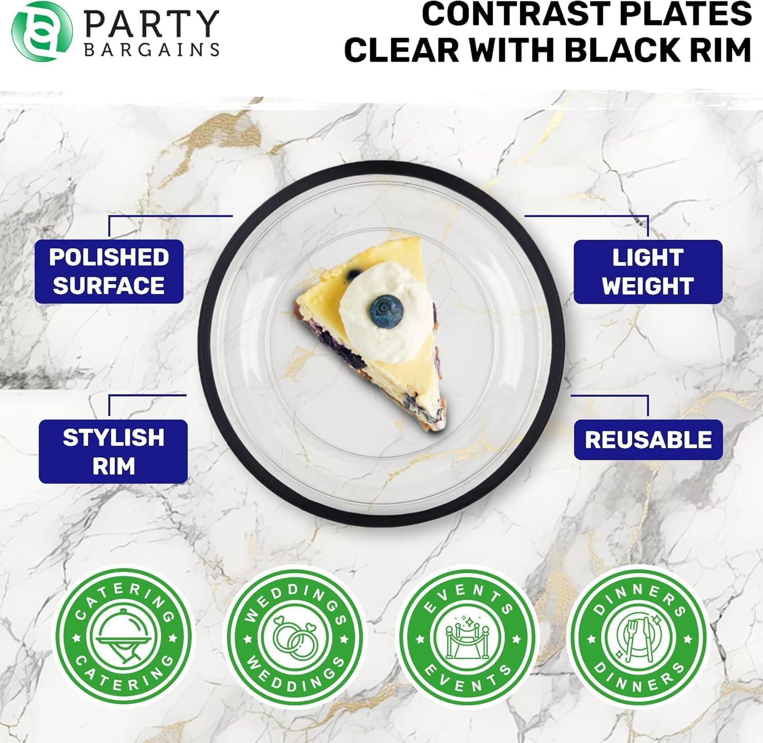 imagePARTY BARGAINS Disposable Plastic Plates Contrast Collection Clear with Gold Rim 64 Plates 7in Appetizer amp 10in Dinner Plates 32 Each Elegant Party Plates for Events and CateringClear Black Rim