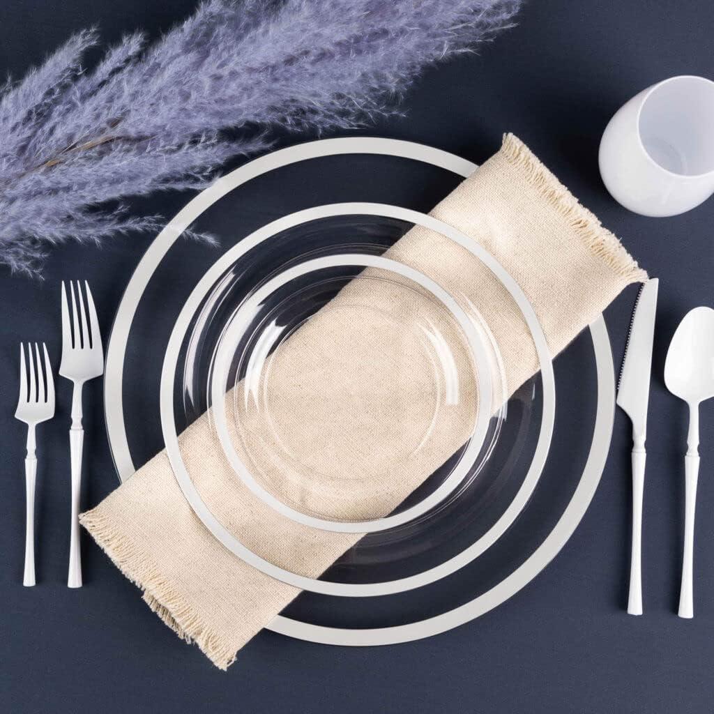 imagePARTY BARGAINS Disposable Plastic Plates Contrast Collection Clear with Gold Rim 64 Plates 7in Appetizer amp 10in Dinner Plates 32 Each Elegant Party Plates for Events and CateringClear White Rim