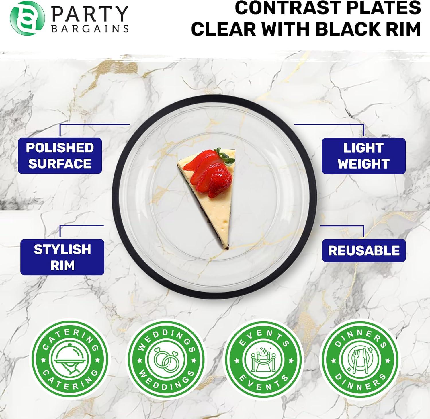 imagePARTY BARGAINS Disposable Plastic Plates Contrast Collection Clear with Gold Rim 64 Plates 7in Appetizer amp 10in Dinner Plates 32 Each Elegant Party Plates for Events and CateringClear Black Rim