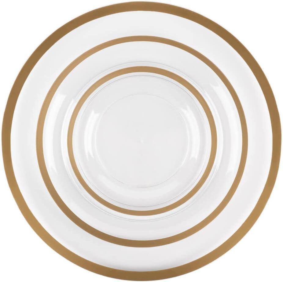 imagePARTY BARGAINS Disposable Plastic Plates Contrast Collection Clear with Gold Rim 64 Plates 7in Appetizer amp 10in Dinner Plates 32 Each Elegant Party Plates for Events and CateringClear Gold Rim