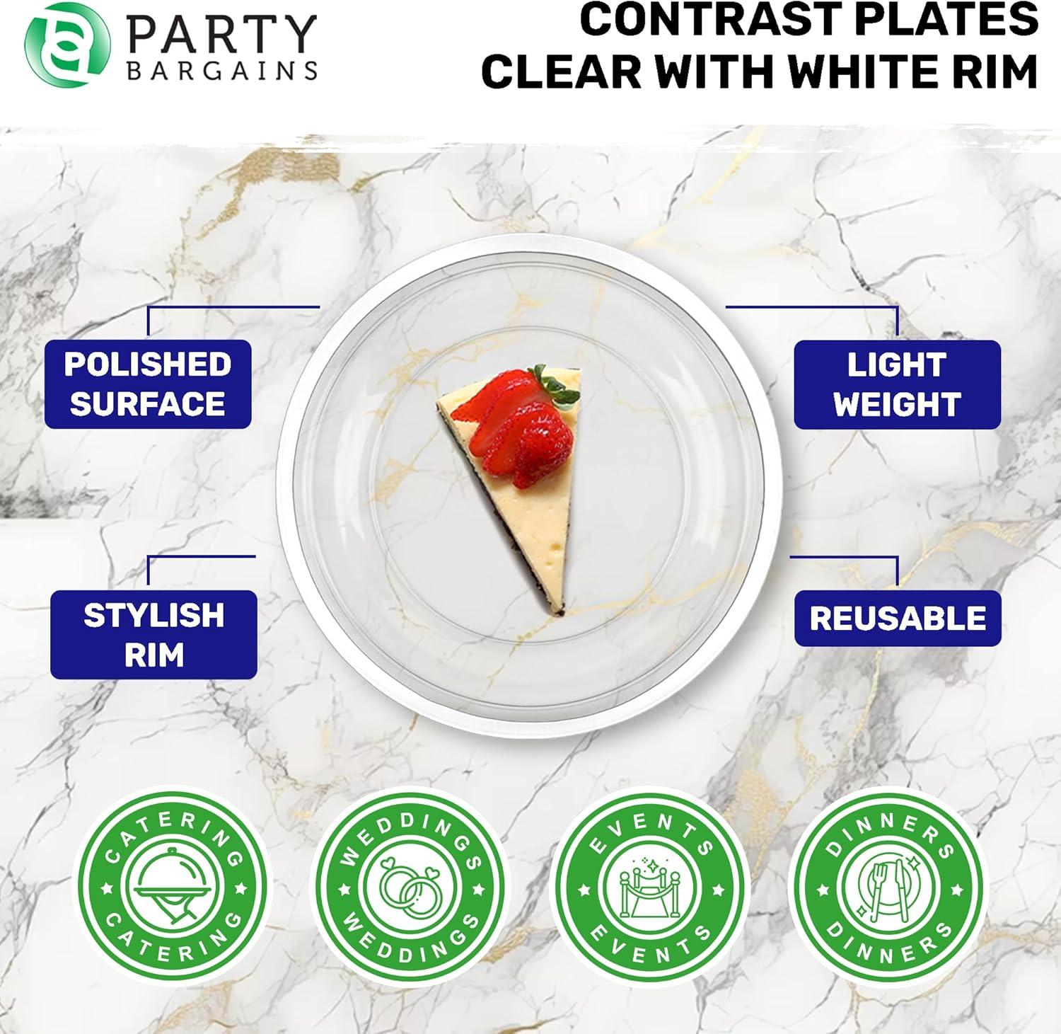 imagePARTY BARGAINS Disposable Plastic Plates Contrast Collection Clear with Gold Rim 64 Plates 7in Appetizer amp 10in Dinner Plates 32 Each Elegant Party Plates for Events and CateringClear White Rim