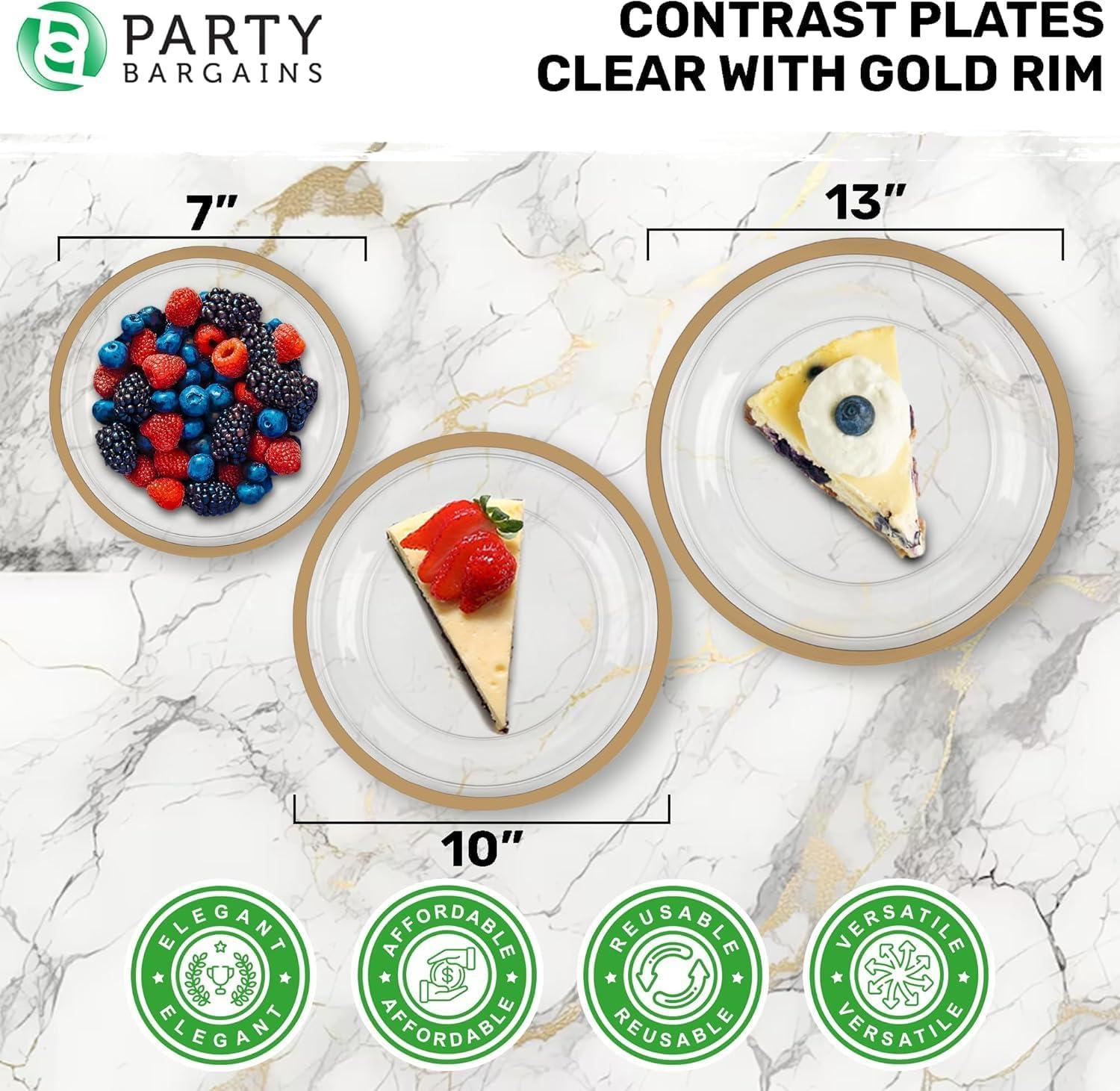 imagePARTY BARGAINS Disposable Plastic Plates Contrast Collection Clear with Gold Rim 64 Plates 7in Appetizer amp 10in Dinner Plates 32 Each Elegant Party Plates for Events and CateringClear Gold Rim