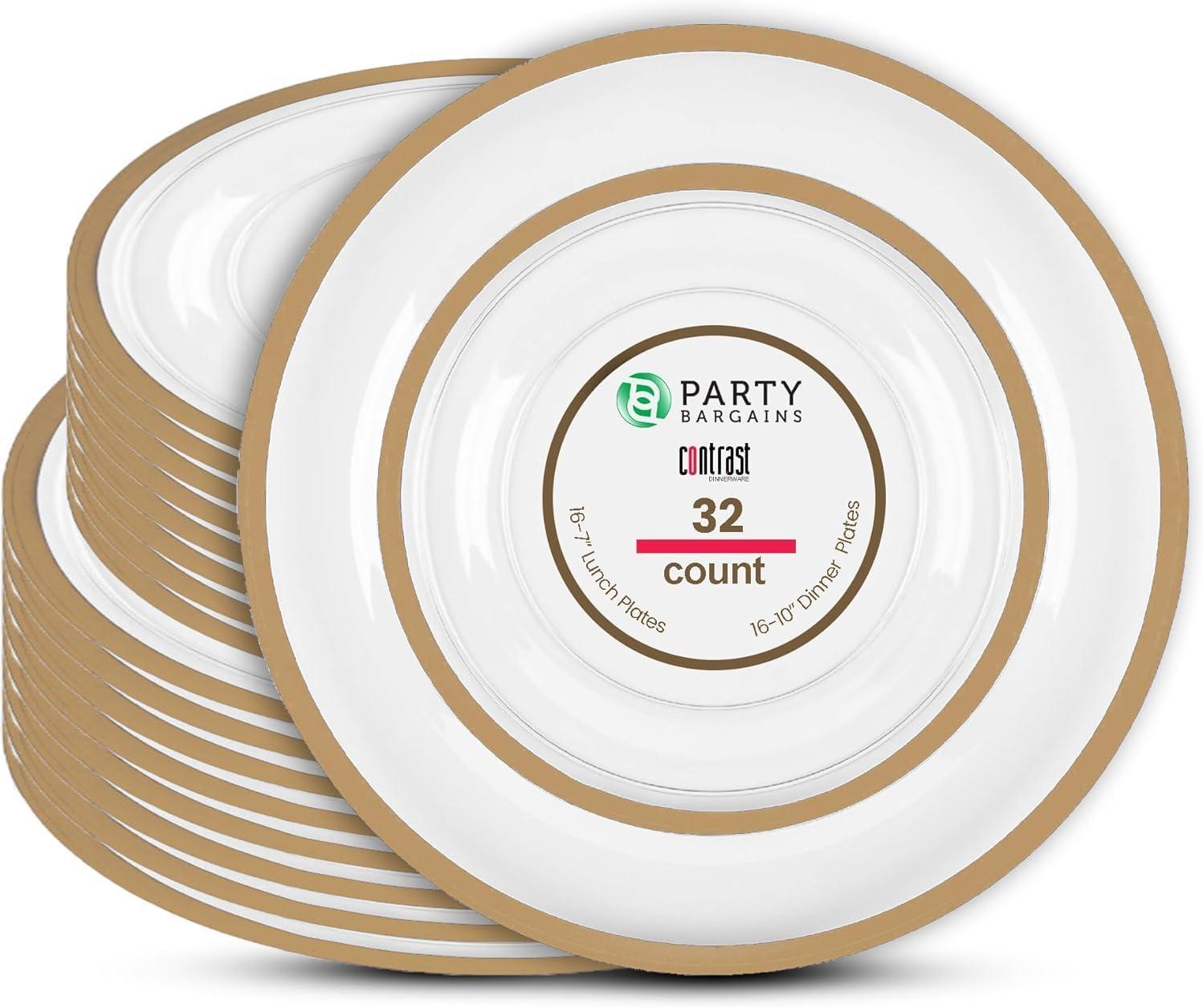 imagePARTY BARGAINS Disposable Plastic Plates Contrast Collection Clear with Gold Rim 64 Plates 7in Appetizer amp 10in Dinner Plates 32 Each Elegant Party Plates for Events and CateringClear Gold Rim
